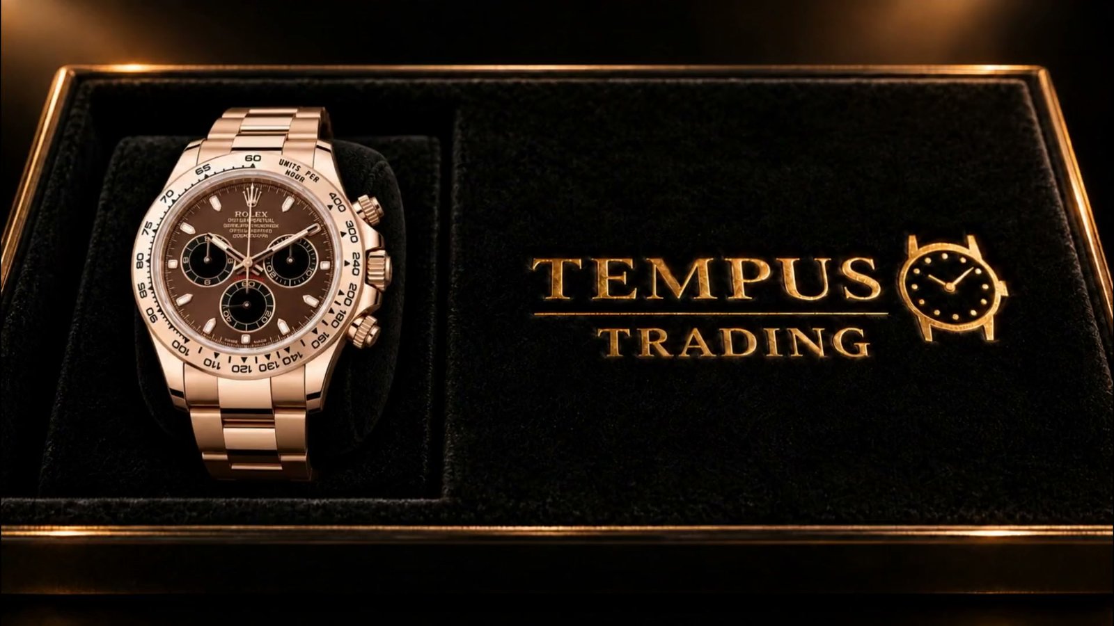 An Everose-gold Rolex Daytona 116505 with a chocolate dial and Oyster bracelet on a black cushion in a velvet tray beside the gold Tempus Trading mark