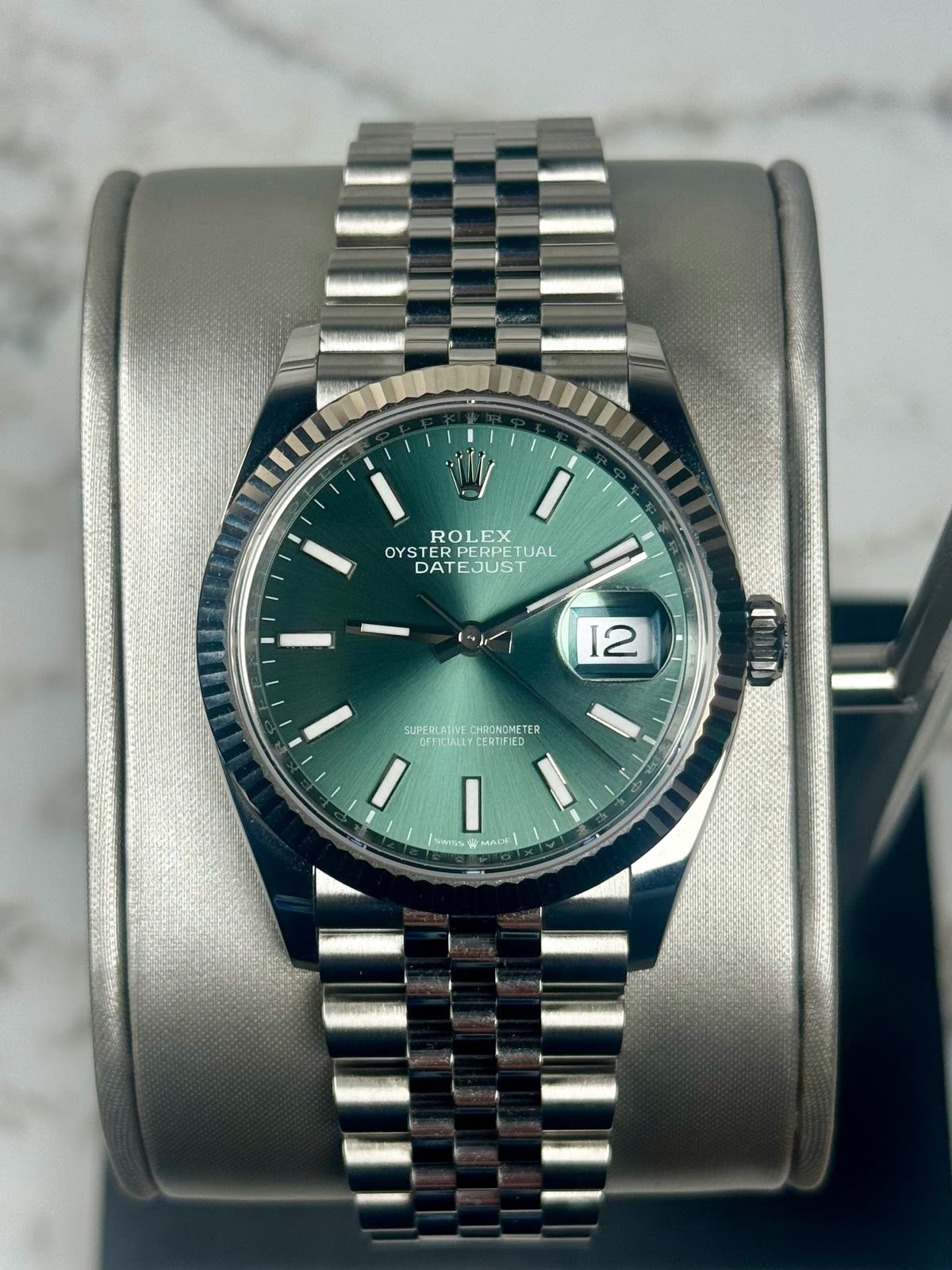 Green-dial Rolex Datejust photographed for Tempus Trading